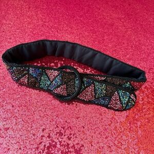 🎆WIDE Beaded Adjustable Black Jewel Tone Cocktail Belt